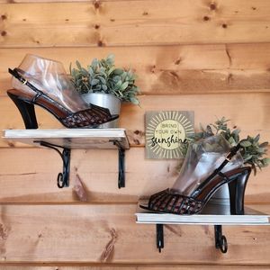 J Vincent 💜 Leather Slingback Block Heels Black Brown Open Toe Woven Italy 8.5M